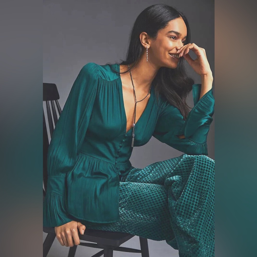 Anthropologie Emerald Green Deep V-Tunic Blouse XL